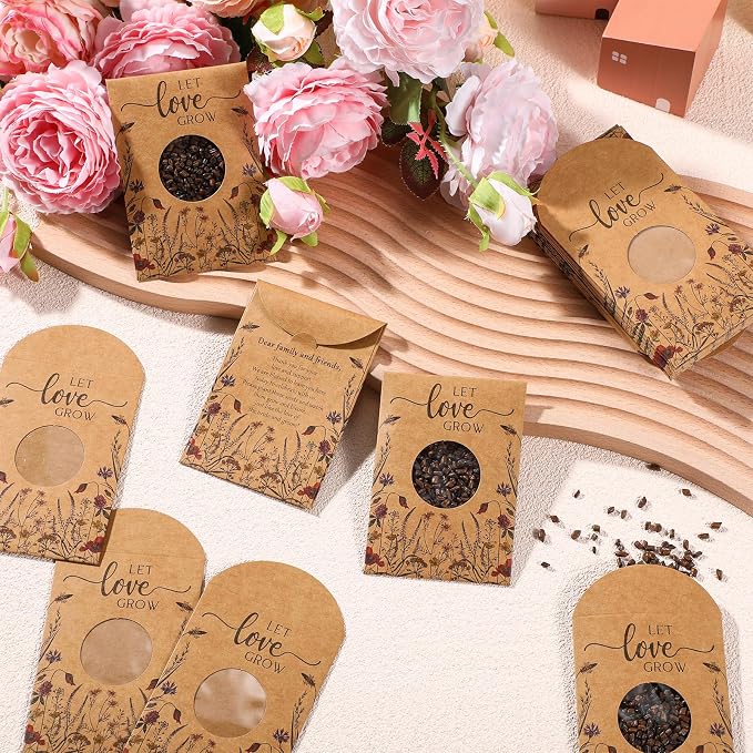 Fumete 150 Pcs Let Love Grow Seed Packets Cool Wedding Favors for Guests Kraft Envelope Kraft Bag with Window Flower Resealable Seed Storage Packets for Wedding Party Favors Bridal Shower