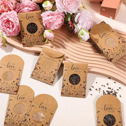 Fumete 100 Pcs Let Love Grow Seed Packets Cool Wedding Favors for Guests Kraft Envelope Kraft Bag with Window Flower Resealable Seed Storage Packets for Wedding Party Favors Bridal Shower