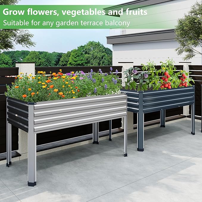 DIIYIV Galvanized Raised Garden Bed with Legs,48×24×30in Elevated Planter Box for Backyard,Outdoor Garden, Patio, Balcony, 350lb Capacity,Silver