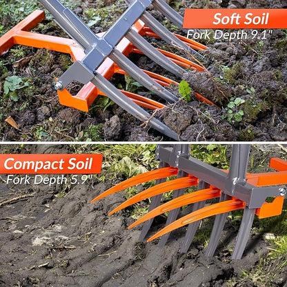 Walensee Broad Fork Garden Tool, 9 Tines Heavy Duty Broadfork Hand Tiller, 2-in-1 Garden Pitchfork with Ergonomic U-Shaped Handle, Spading Digging Fork for Gardening, Cultivating