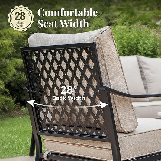 Patio Furniture Set with Firepit Table, Black Frame Outdoor Conversation Set with 2 x Fixed Chairs, 1 x 2-Seat Sofa, 1 x 3-Seat Sofa for Lawn Garden Backyard, Beige