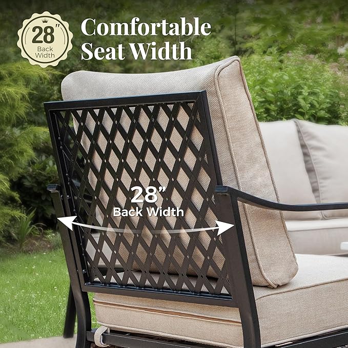 Patio Furniture Set with Firepit Table, Black Frame Outdoor Conversation Set with 2 x Fixed Chairs, 1 x 3-Seat Sofa for Lawn Garden Backyard, Beige