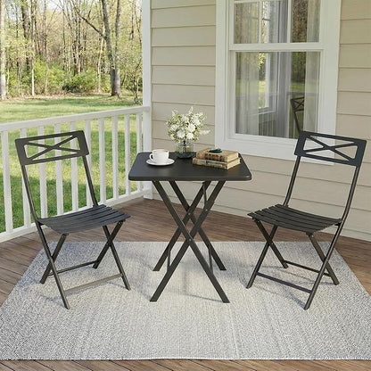 Outdoor Square Bistro Set 3 Piece, Black Iron Tube Patio Furniture Set with Square Table & 2 Chairs, Foldable Steel Backyard Deck Porch Garden , Space Saving Outdoor Dining Set for Small Spaces