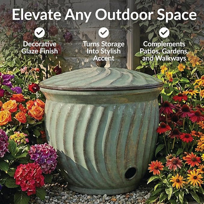 Sunnydaze Metal Garden Hose Holder Pot with Lid - UV-Resistant 145-Foot Garden Hose Pot for Outside - Sage Glaze Finish
