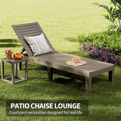 Outdoor Chaise Lounge Chairs Set of 2, 5-Position Adjustable Tanning Lounge Chairs with Wood Texture, All-Weather Resin Patio Lounge Chair for Pool, Garden, Deck, Beach, Striped Grey