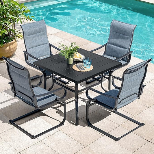 NUU GARDEN 5-Piece Outdoor Patio Furniture Dining Set, 37" Square Metal Table with 1.6" Umbrella Hole and 4 Textilene Padded Chairs, All-Weather Dining Set for Backyard, Deck, Garden, Blue