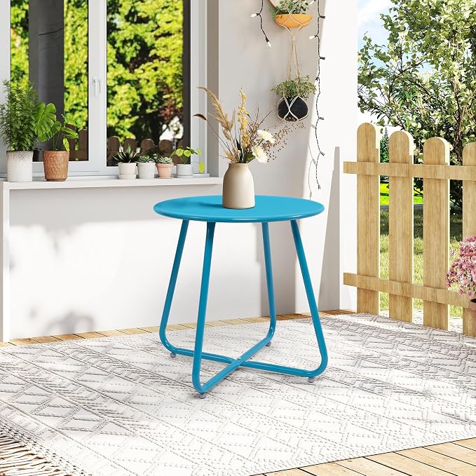 Patio Small Side Table Waterproof Round Metal Steel Weather Resistant Portable Outdoor and Indoor End Table for Garden Balcony Yard,Sky Blue(2 PCS)
