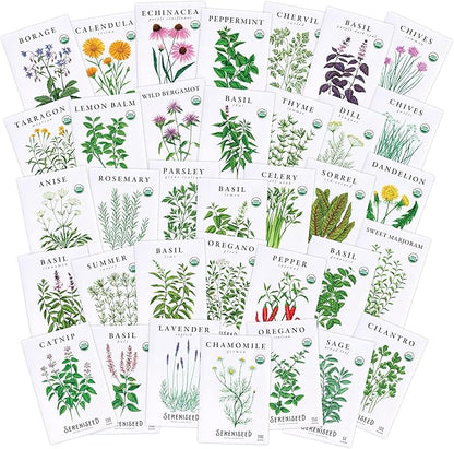 Sereniseed Certified Organic Herb Seeds (35-Pack) – Non GMO, Heirloom – Seed Starting Video – Basil, Cilantro, Oregano, Thyme, Parsley, Lavender, Chives, Sage, Dill Seeds for Indoor & Outdoor Planting