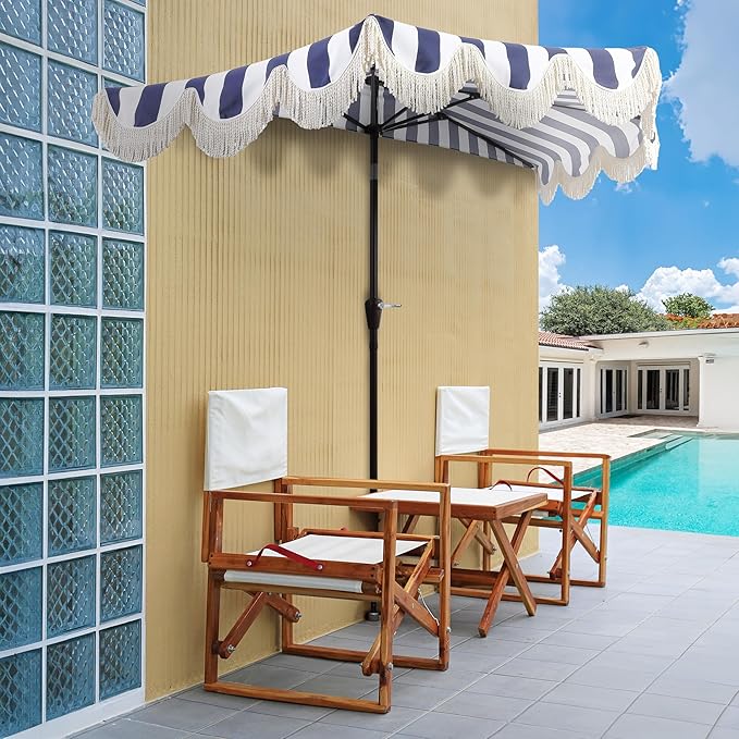 JONATHAN Y Half Umbrella UMB1201B Beverly 9 ft. Designer Classic Scalloped Fringe Market Patio with Crank, Push Button Tilt and UV Protection in Navy/White