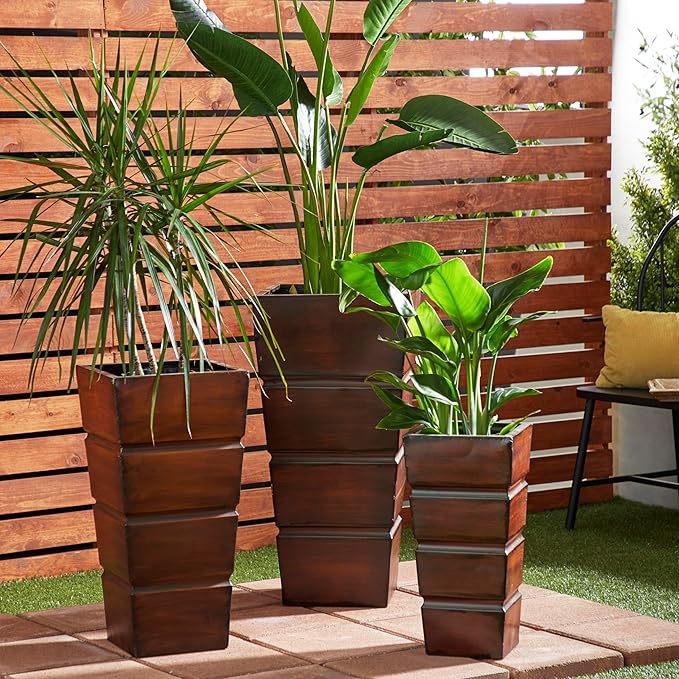 Deco 79 Metal Indoor Outdoor Planter Light Weight Large Planter Pot with Tapered Base and Fluted Design, Set of 3 Planters 31", 25", 20"H, Brown