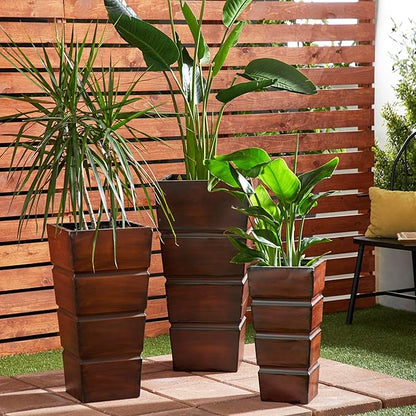Deco 79 Metal Indoor Outdoor Planter Light Weight Large Planter Pot with Tapered Base and Fluted Design, Set of 3 Planters 31", 25", 20"H, Brown