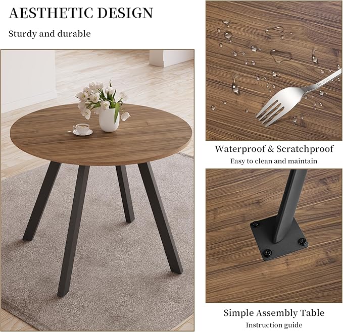 34.6'' Round Dining Table and Chairs for 4 Space Saving for Apartment Kitchen Dining Room (Walnut Table+4 Grey Chairs)