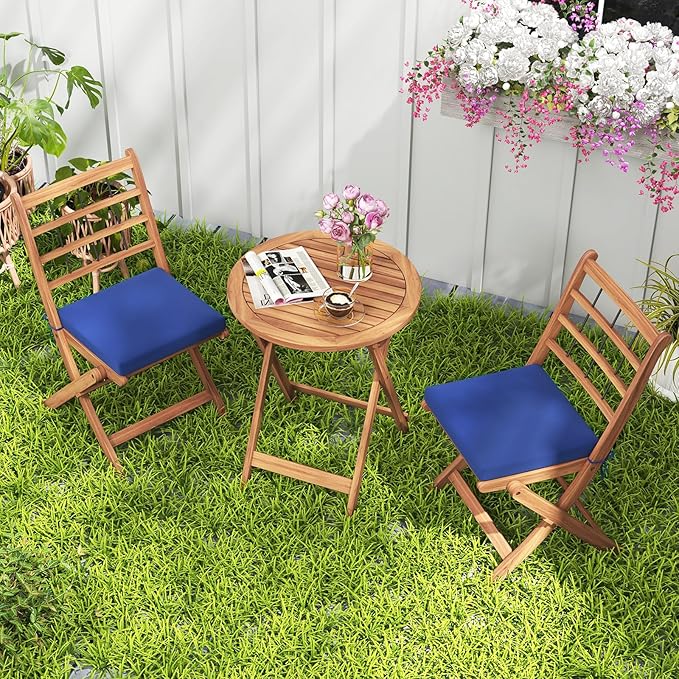 HAPPYGRILL 3 Pieces Acacia Wood Patio Bistro Set, Folding Outdoor Table and Chairs Set with Cushions, Outdoor Patio Furniture Set for Porch, Balcony, Deck, Garden, Backyard (Navy)