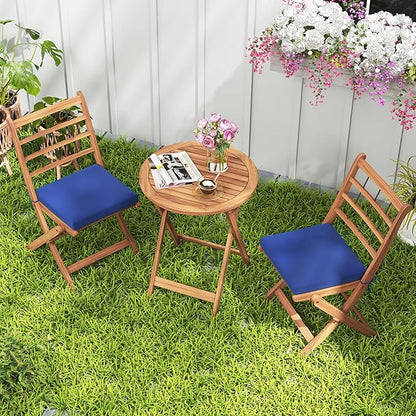 HAPPYGRILL 3 Pieces Acacia Wood Patio Bistro Set, Folding Outdoor Table and Chairs Set with Cushions, Outdoor Patio Furniture Set for Porch, Balcony, Deck, Garden, Backyard (Navy)