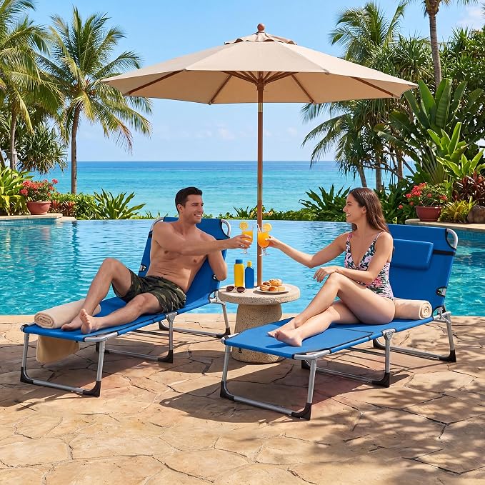 Giantex 2-Pack Tanning Chair with 5 Adjustable Position, Face & Arm Hole, Hand/Shoulder Strap, Removable Pillow, Side Pocket, 330 Lbs Capacity, Lounge Chair Outdoor for Beach, Sunbathing, Blue