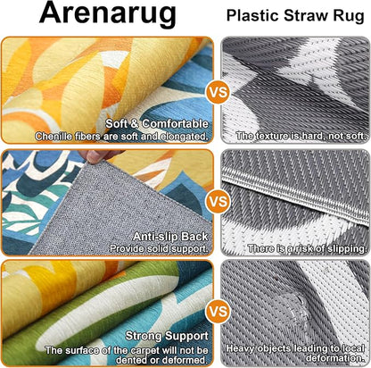 Colorful 5x8 Outdoor Area Rug Washable Multicolored Patio Rug Tropical Botanical Floral Chenille Waterproof Outdoor Carpet for Living Room, Deck, Backyard, Porch, Green