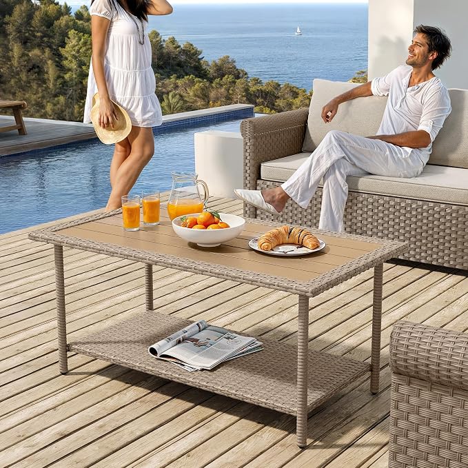YITAHOME Outdoor Wicker Coffee Table with Storage, 39.4" 2 Tier Rectangle Patio Coffee Table, All-Weather Rattan Outdoor Storage Table for Patio Garden Backyard Porch - Brown