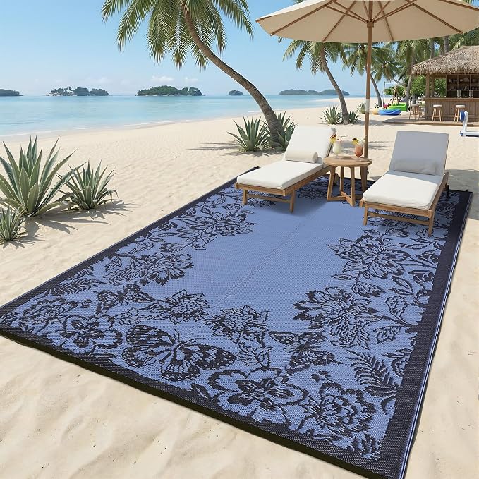 Garvee Outdoor Rugs 8’x10’ Waterproof Reversible Mats, Large Area Plastic Straw Rug, Outside Carpet, Butterfly Floral Rv Mat for Patio Camping Picnic Backyard Deck Balcony Porch Beach Trailer