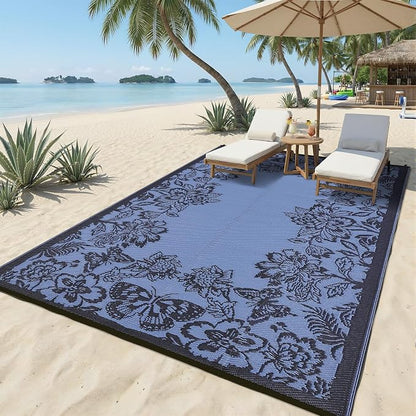 Garvee Outdoor Rugs 8’x10’ Waterproof Reversible Mats, Large Area Plastic Straw Rug, Outside Carpet, Butterfly Floral Rv Mat for Patio Camping Picnic Backyard Deck Balcony Porch Beach Trailer