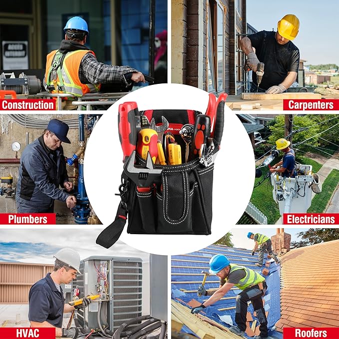 Olympia Tools 7 Pocket Tool Pouch with Belt Clip, Black & Red