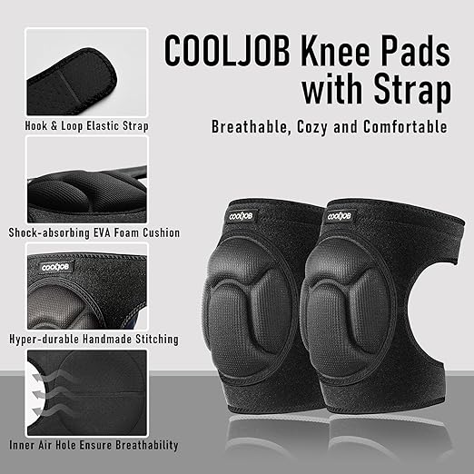 COOLJOB Men Women Knee Pads for Gardening House Working, Floor Cleaning and Construction, Durable Breathable Kneeling Cushion with Thick EVA Foam Padding and Adjustable Non-Slip Straps 1 Pair Black