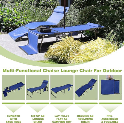 MUPATER Patio Chaise Lounge Chair with Face Hole for Outdoor, 4-Fold Ajustbale Backrest, Removable Pillow and Detachable Pocket, Portable Sun Lounger Recliner for Beach, Camping and Pool, Blue