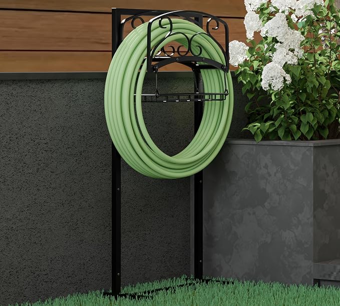 Kingson Portable Garden Hose Holder with Storage Basket - Heavy-Duty Freestanding Steel Stand, Holds 150FT Hose, Black Powder-Coated Finish, Detachable & Space-Saving Design with Tools