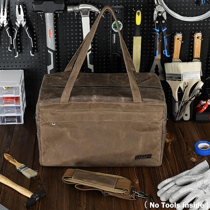 Canvas Tool Organizer Bag, Heavy Duty 16oz Waxed Canvas Garden Hand Tools Tote - with 6 Inside Slots & 1 Large Storage Capacity, Hand Tools Bag for Gardening Carpentry Tools | 15.5" x 9" x 9"
