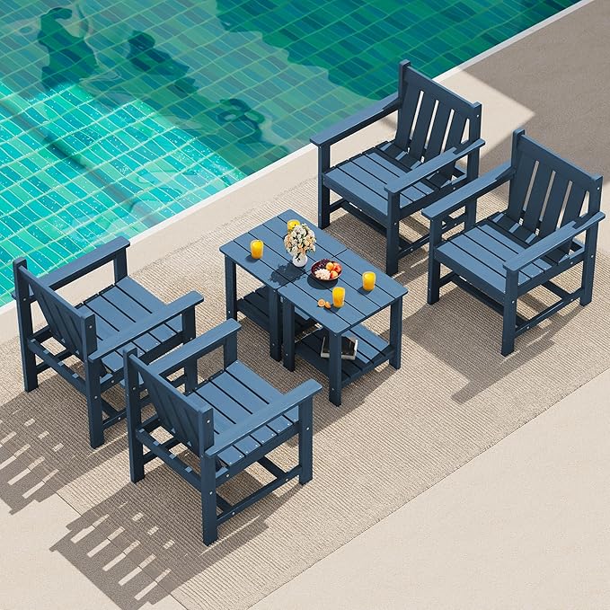 SEWRWALL Patio Furniture Set, HDPE Material All Weather Use Adirondack Chair Set with Side Table for Balcony, Porch, Garden, Backyard- Navy