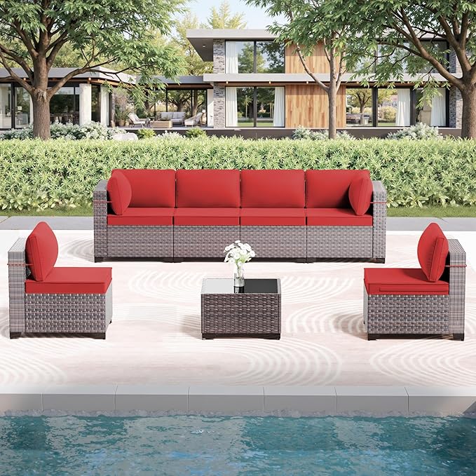 7 Pieces Outdoor Patio Furniture Set with Coffee Table, PE Wicker Rattan Outdoor Sectional Patio Set with Thick Cushion, Outdoor Patio Conversation Set for Backyard, Garden, Deck, Red