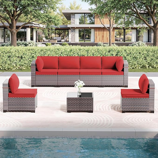 7 Pieces Outdoor Patio Furniture Set with Coffee Table, PE Wicker Rattan Outdoor Sectional Patio Set with Thick Cushion, Outdoor Patio Conversation Set for Backyard, Garden, Deck, Red