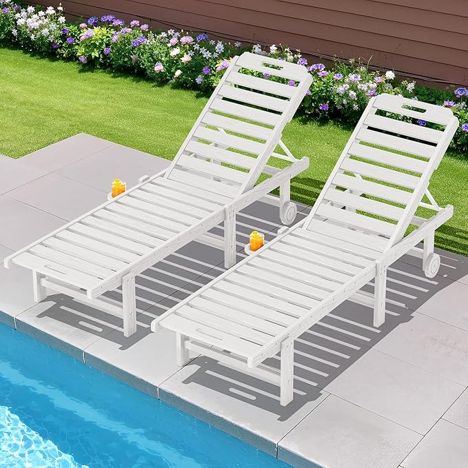 SERWALL Patio Chaise Lounge Set of 2, HDPE Outdoor Lounge Chair with Cup Holder, 5 Positions Adjustable Pool Lounge Chair with Rolling Wheels for Poolside, Deck, Sunbathing, White