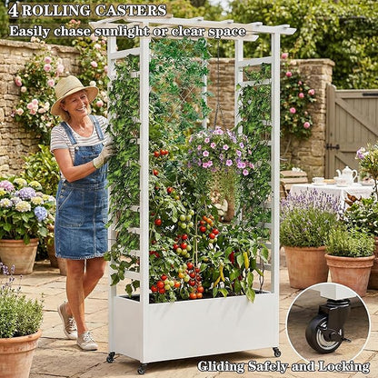 74" Mobile Planter with Trellis,Weatherproof Vertical Raise Garden Bed with Trellis & Hanging Roof for Climbing Plants,Flowers,Vegetables,Rust-Proof Metal Privacy Planter for Patio (White-A)