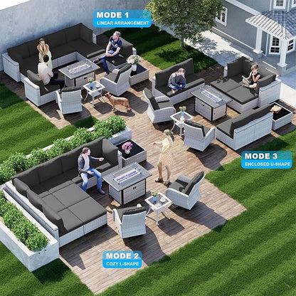 13-Piece Patio Furniture Set, Outdoor Patio Furniture with Swivel Chairs Set, Ottomans, 55,000 BTU Fire Pit Table, Modular Patio Sofa, Dual-Strand Wicker Rattan, Rust-Resistant Frame, Black