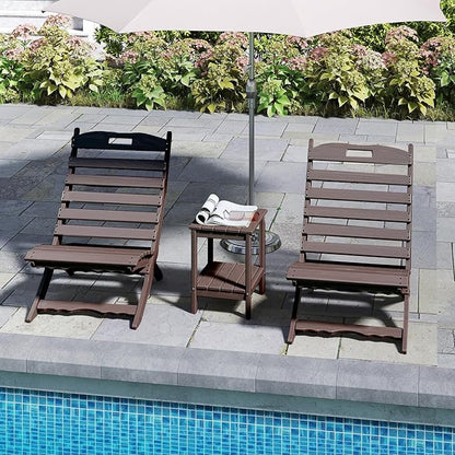 GREENVINES 3 Pieces Patio Furniture Set | Outdoor Bistro Sets for 2 | HDPE Wood Grain | Folding-Adirondack-Chairs-with-Side-Table | All Weather | Xavier Chair | for Porch Deck Poolside | Dark Brown