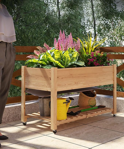 GarveeHome Raised Garden Bed 48x24x32 in Mobile Elevated Wood Planter Raised Beds w/Lockable Wheels, Storage Shelf, and Protective Liner for Indoor/Outdoor Gardening,Natural