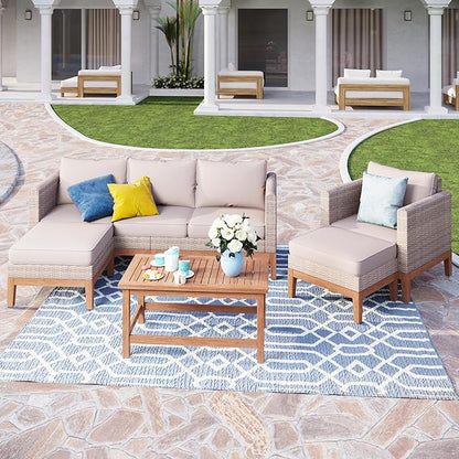 PHI VILLA All Weather Wicker Patio Furniture Sets, 5 Pieces Outdoor Natural Rattan Sectional Sofa Conversation Set with Acacia Wood Coffee Table & Waterproof Cushions, 2 Ottomans for Apartment Balcony