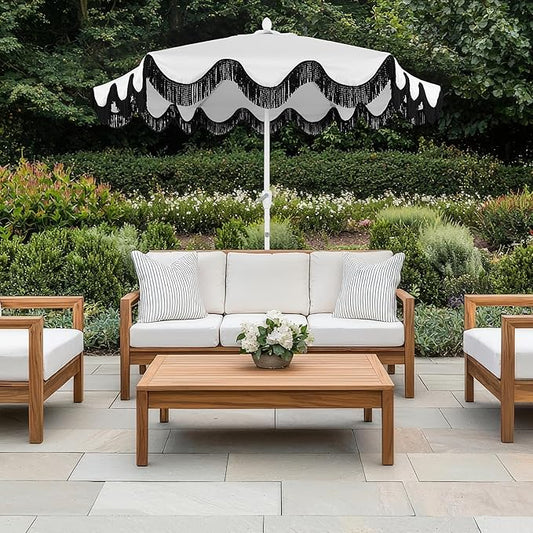 JONATHAN Y UMB1001 Collins 9 ft. Classic Cottage Tassel Market Patio Umbrella with Auto-Tilt, Crank, Wind Vent and UV Protection