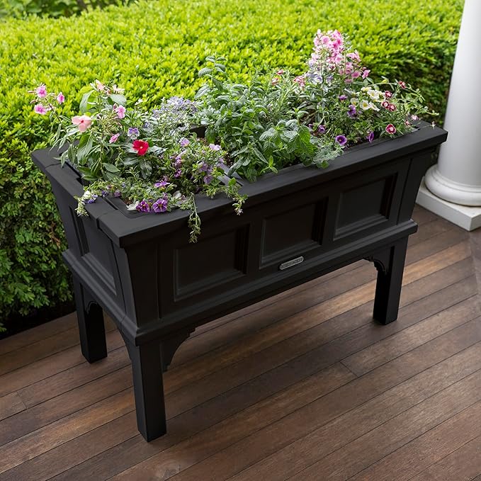 Step2 Atherton Raised Planter Box, Large Planters for Outdoor Plants, Gardening and Flower Pot for Patio or Porch, Easy Drainage, Durable Plastic, Onyx Black