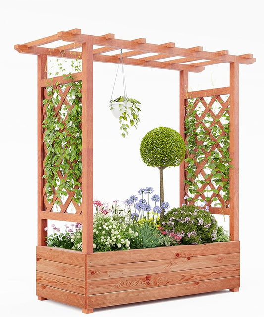 GarveeLife Raised Garden Bed with Trellis, 45 in Wood Planter Box with Side Trellis, Hanging Roof, and 4 Drainage Holes, Freestanding Elevated Garden Bed for Climbing Plants, Vines, Flowers