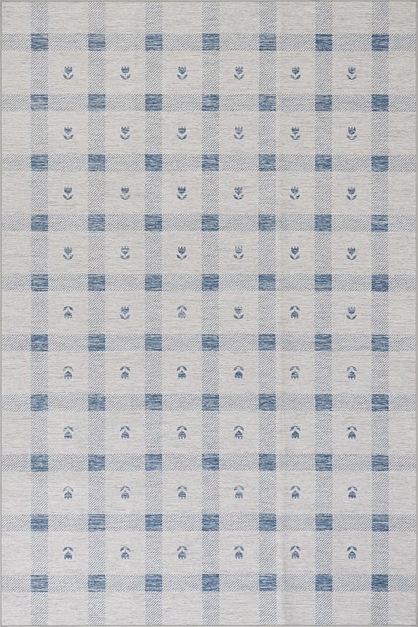 Dash & Albert Valen Plaid Blue Machine Washable Rug, 8.5 X 11.5 Feet, Blue/White Plaid Pattern