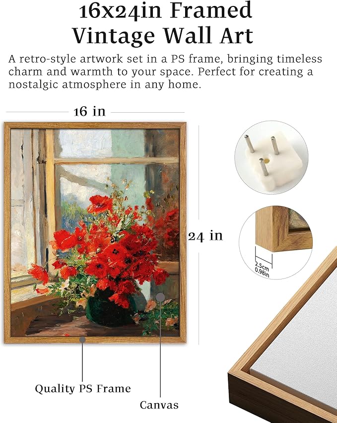 UPWOIGH 16x24 in Large Framed Wall Art, Red Poppies by the Window Oil Painting Canvas, Vintage Farmhouse Rustic Decor, Red Flowers Print, Antique Wall Decor for Living Room Bedroom, 1 Pack Gift