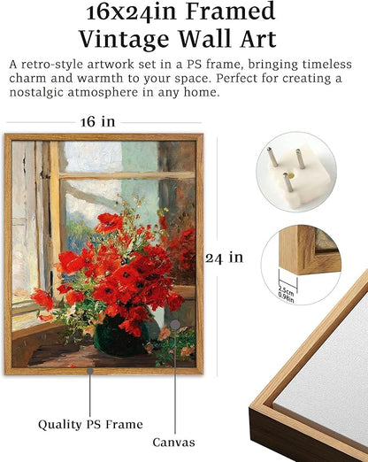 UPWOIGH 16x24 in Large Framed Wall Art, Red Poppies by the Window Oil Painting Canvas, Vintage Farmhouse Rustic Decor, Red Flowers Print, Antique Wall Decor for Living Room Bedroom, 1 Pack Gift