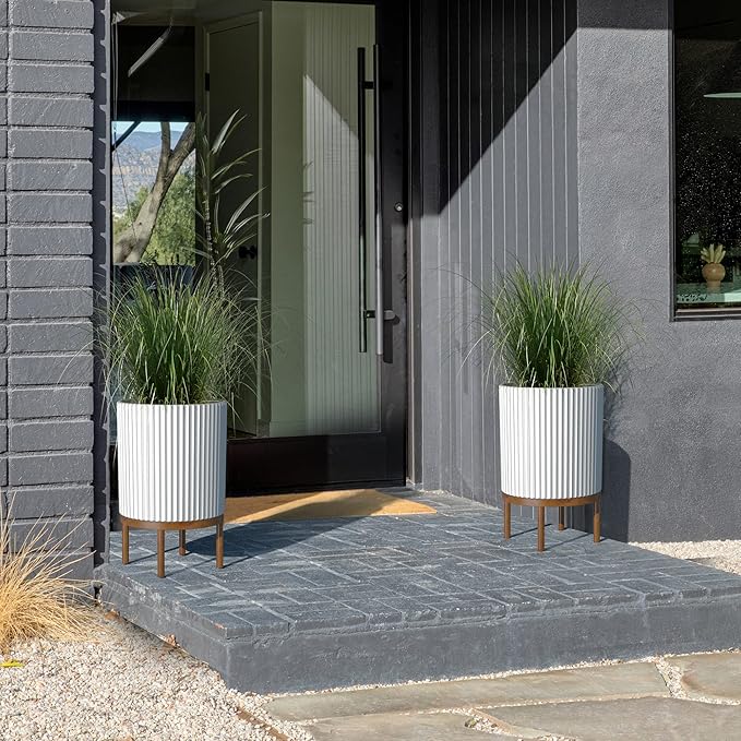 Veradek Demi Series Round Planter w/Stand for Porch/Patio | Durable Plastic-Stone Composite & Wooden Stand | Modern Décor for Tall Plants, Flowers