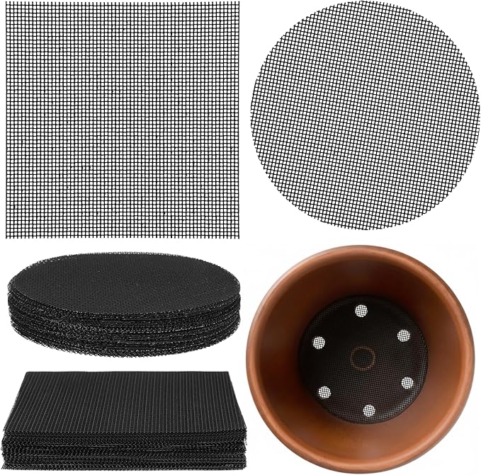 JJUNW 100Pcs Bonsai Pot Meshs Pad, 4 inch Round&Square Flower Pot Hole Mesh, Drainage Mesh Hole Screens Durable Reusable Bonsai Bottom Grid Mat Gardening Essentials
