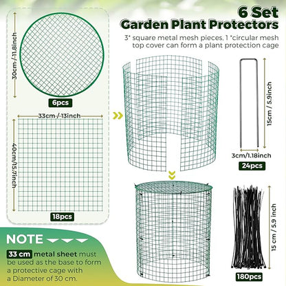 6 Pack Garden Plant Protectors from Animals with Stakes, Metal Mesh and Detachable Covers Wire Plant Cage for Keeping Bunny Animals Out, Chicken Wire Cover Garden Protect (16 * 13 in)