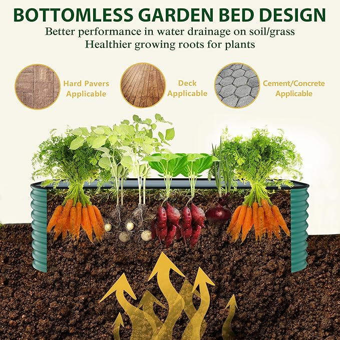 MUPATER 9-in-1 Galvanized Steel Planter Box, 24''H Modular Garden Bed Outdoor with 2 Aluminum Support Rods, 6x3x2FT Raised Garden Bed Kit Oval for Herbs, Vegetables and Flowers, Garden, Green