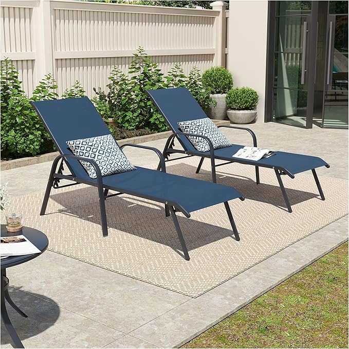 Crestlive Products Chaise Lounge Chair Outdoor with Armrests, Pool Lounge Chairs Set of 2,Adjustable 5 Positions Metal Sun Tanning Lounger for Patio, Poolside, Yard, Deck, Backyard (Navy)