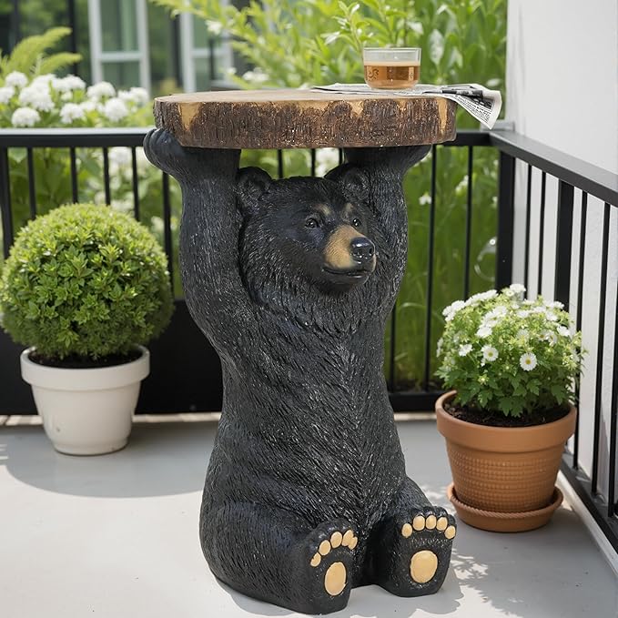 Christopher Knight Home Blitz Bear Outdoor Side Table, MGO Bear Statue with Display Tabletop, Hand Painted Sculpture, Cute Small End Table for Indoor/Outdoor, No Assembly Required, Black + Brown