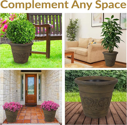 Sunnydaze 19.5-Inch Arabella Large Plastic Pot for Plants - Outdoor Double-Walled Polyresin Large Plastic Planter with Drillable Drainage Holes - Sable - 4-Pack